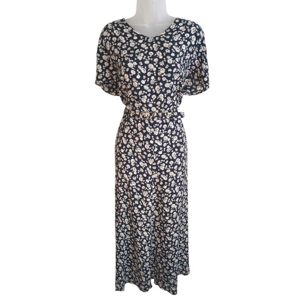 Vintage 90s Laura Ashley Navy Floral Maxi Dress With Belt Sz 14